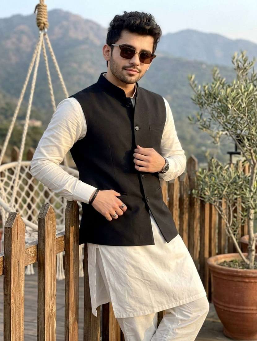 men solid mandarin neck regular fit nehru jacket - 22452003 -  Standard Image - 3