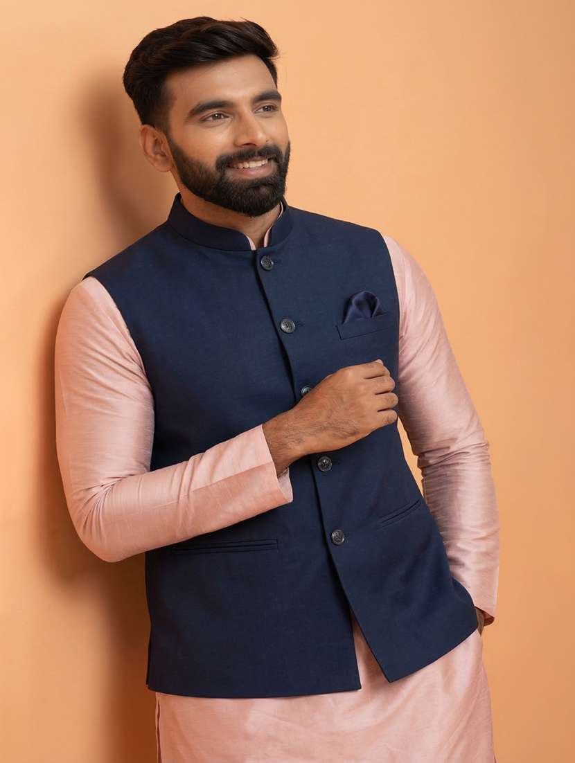 men solid mandarin neck regular fit nehru jacket