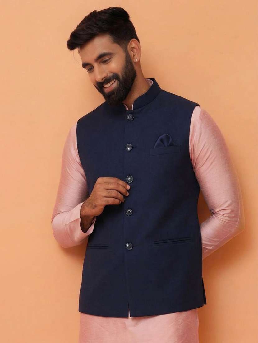 men solid mandarin neck regular fit nehru jacket - 22452005 -  Standard Image - 3