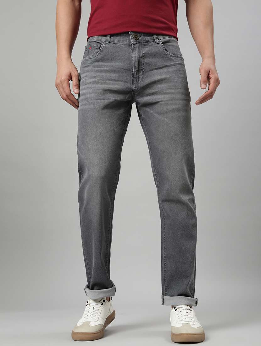 men washed mid rise full length tapered jeans