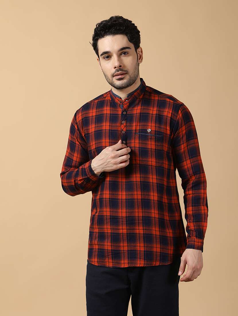 men checkered mandarin neck short kurta
