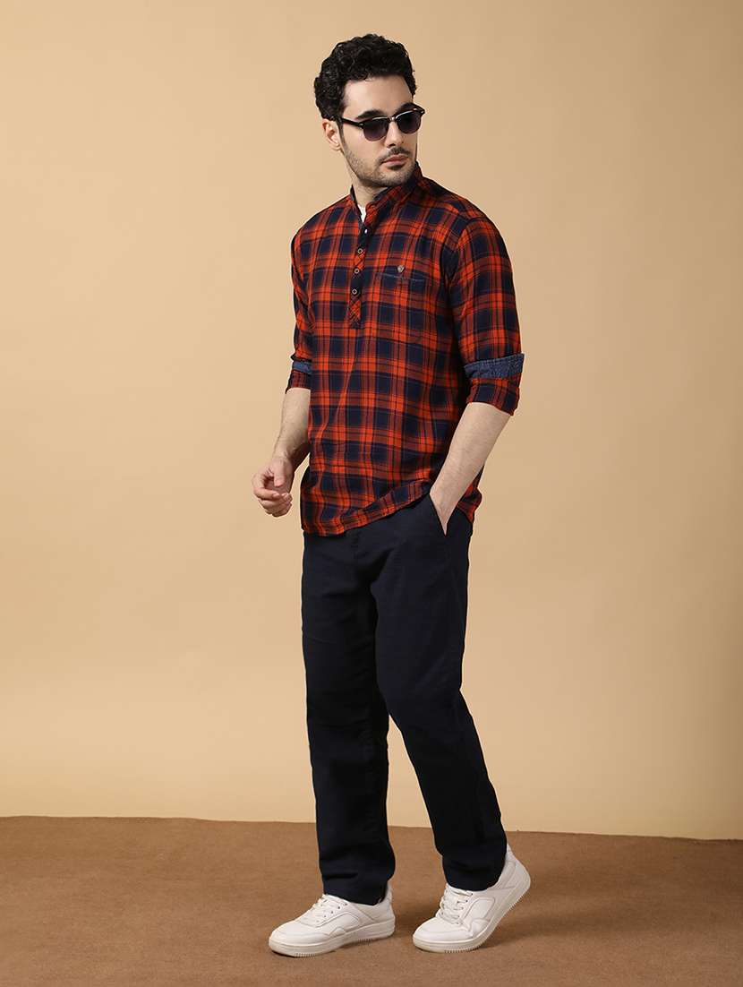 men checkered mandarin neck short kurta - 22452031 -  Standard Image - 5