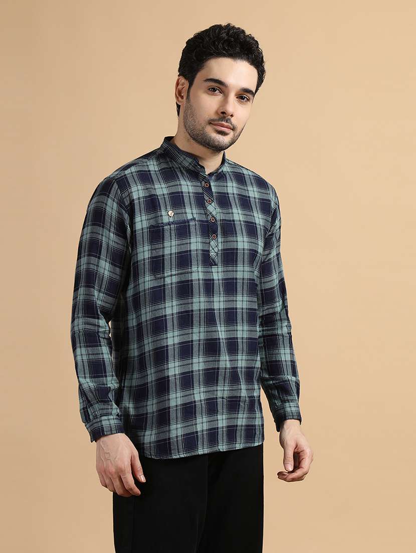 men checkered mandarin neck short kurta - 22452032 -  Standard Image - 3
