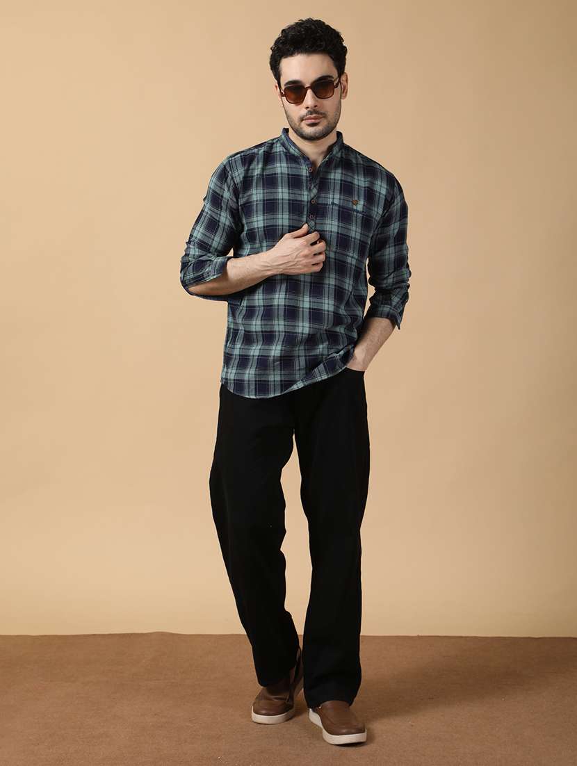 men checkered mandarin neck short kurta - 22452032 -  Standard Image - 5
