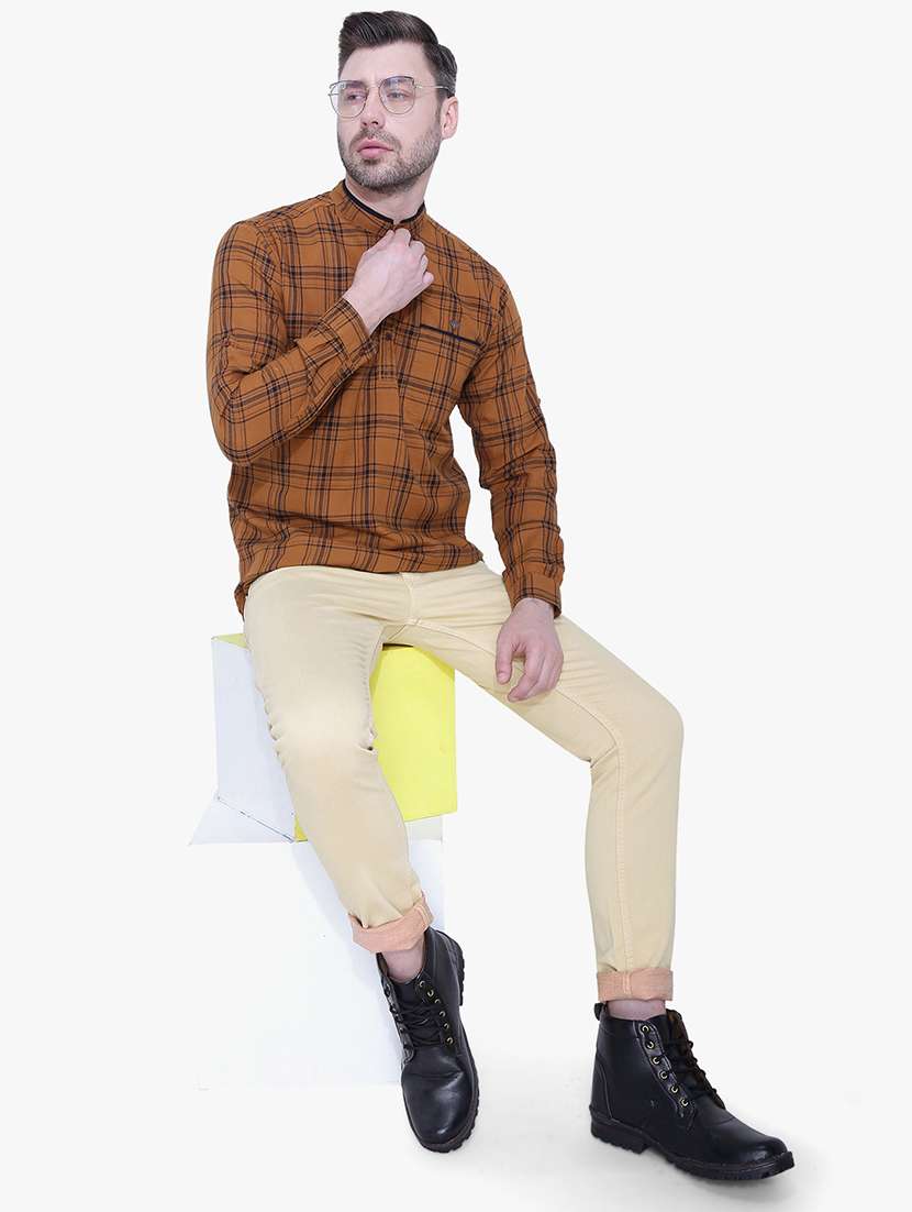 men checkered mandarin neck short kurta - 22452033 -  Standard Image - 5
