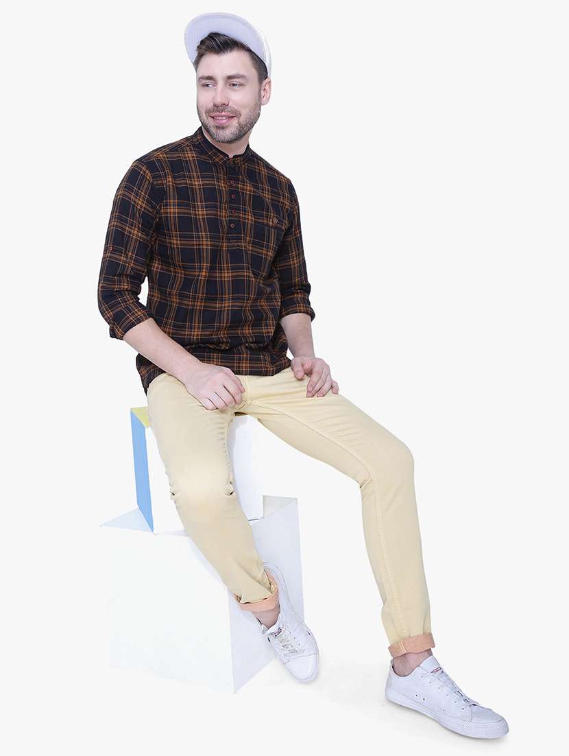 men checkered mandarin neck short kurta - 22452034 -  Standard Image - 5