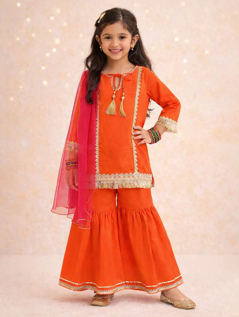 kids orange cotton kurta sharara set suit set