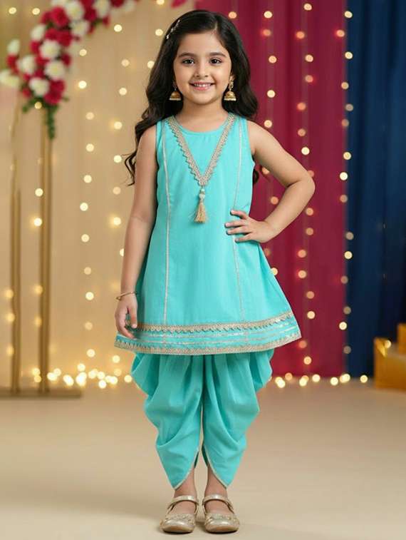 girls solid turquoise cotton kurta churidaar set suit set