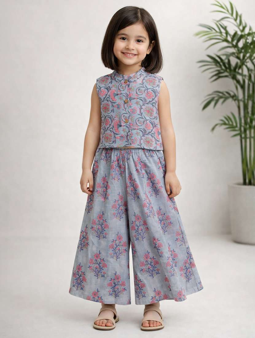 girls blue cotton kurta palazzo suit set