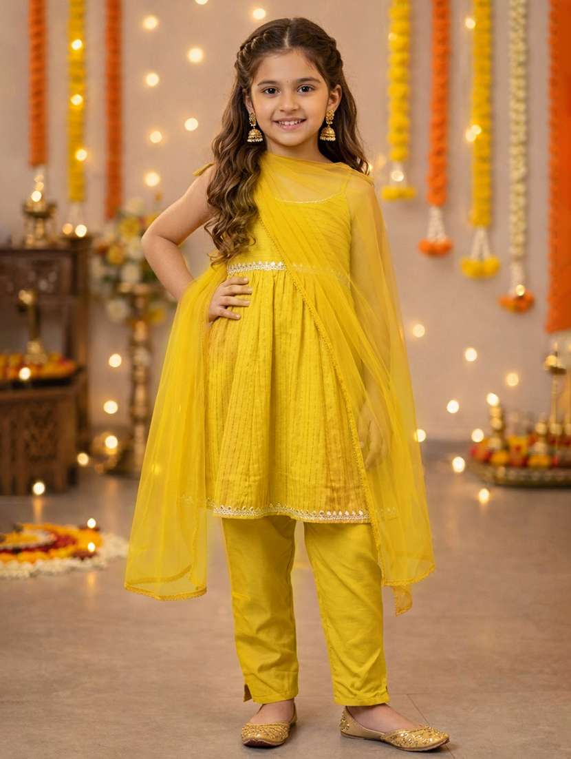 girls solid yellow polyester lehenga choli