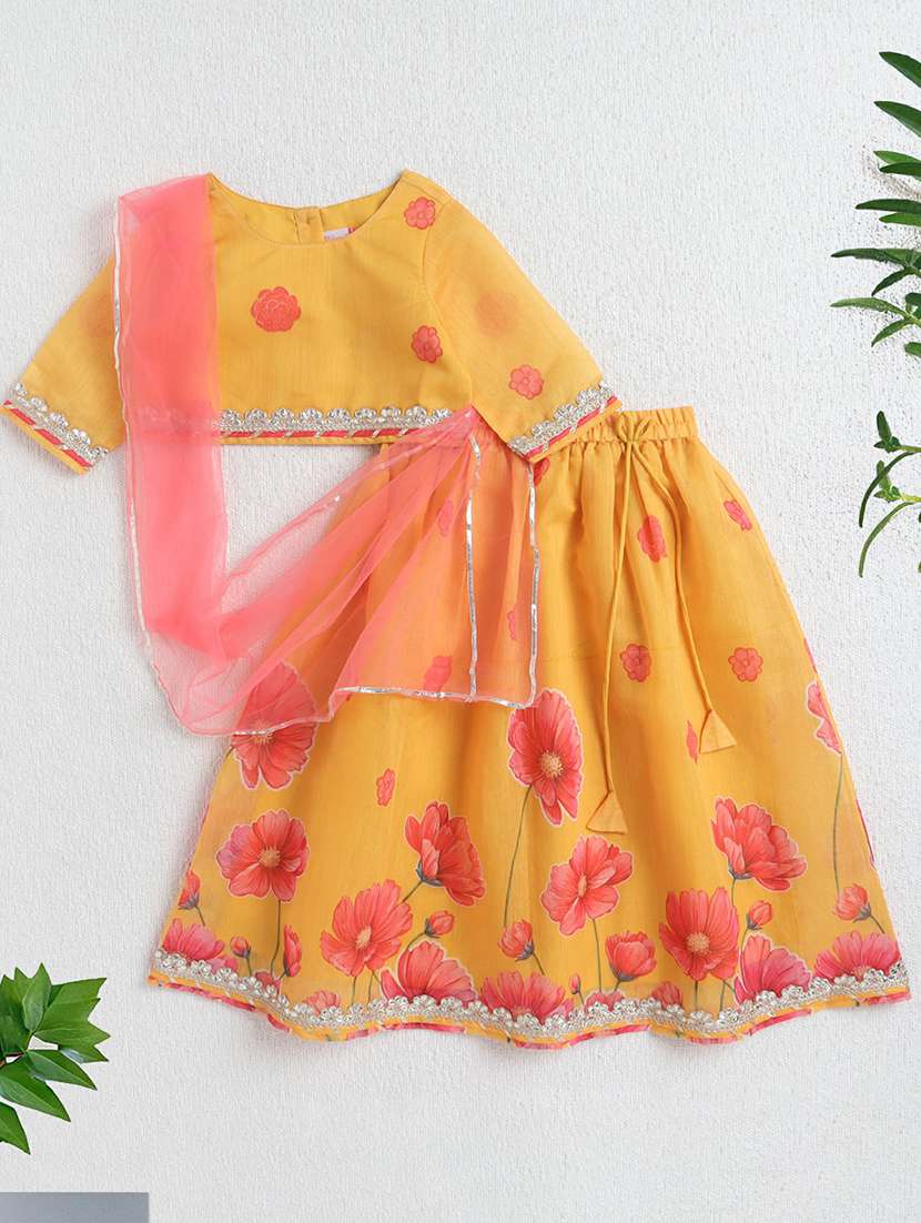 girls floral lehenga choli with three quarter sleeves