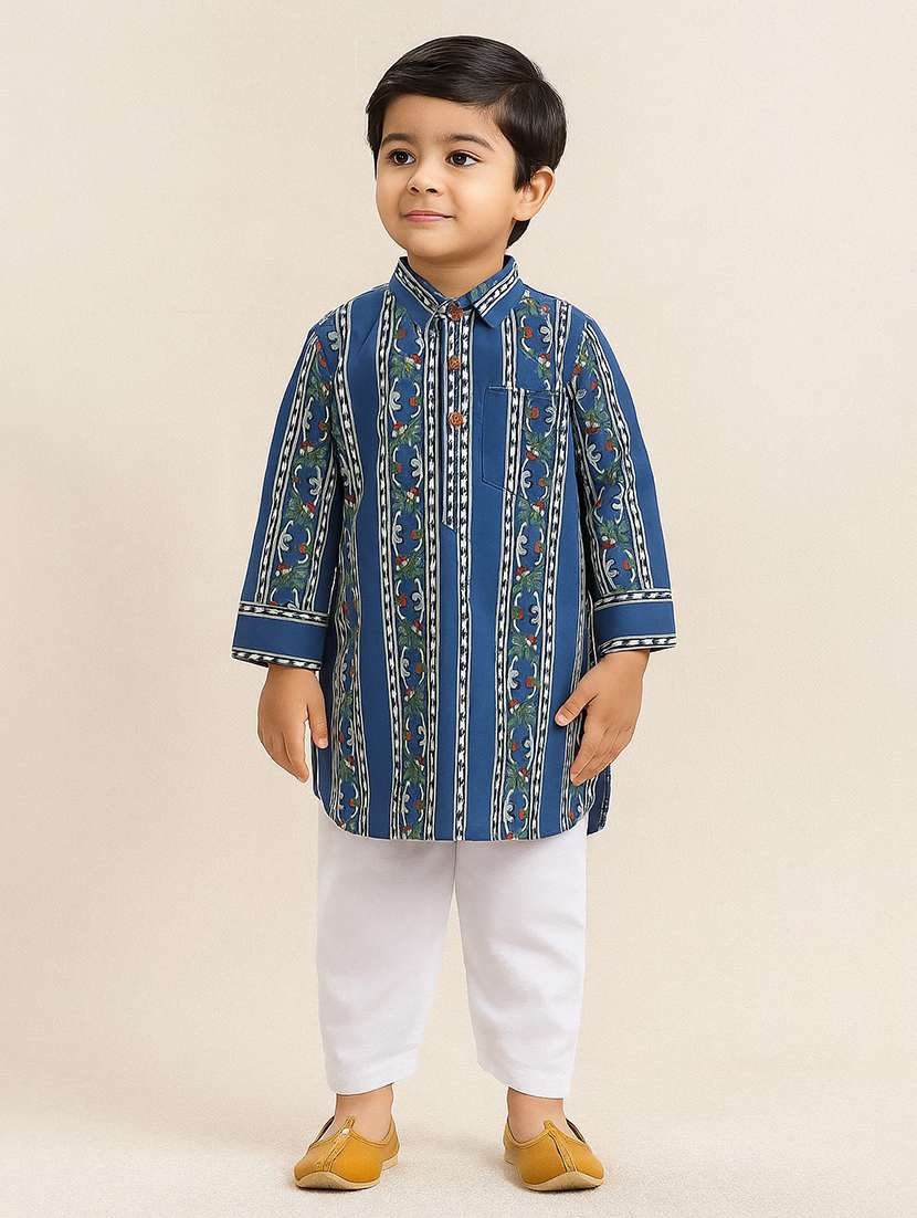boys printed long sleeve kurta pyjama set
