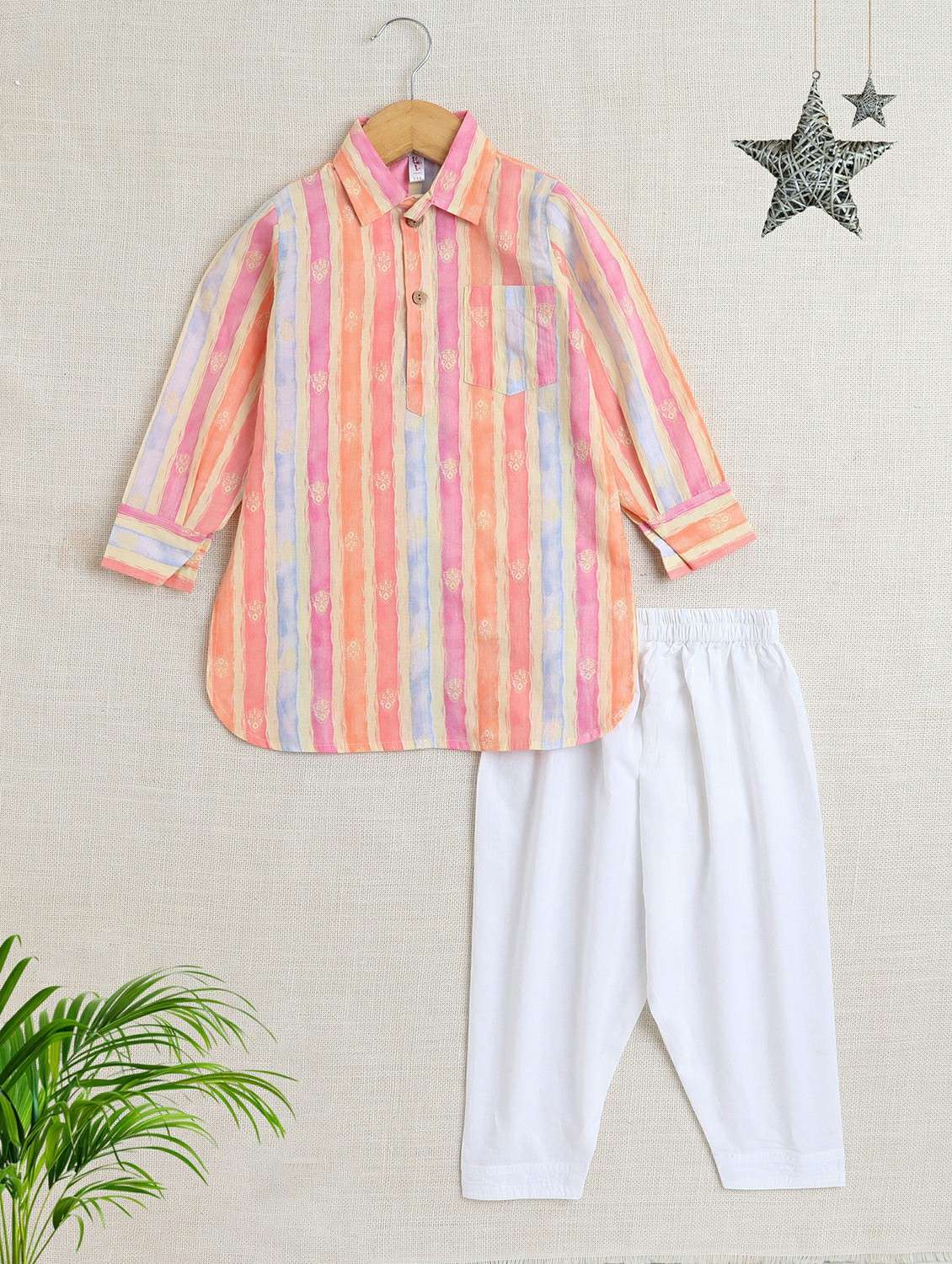 boys printed long sleeve kurta pyjama set