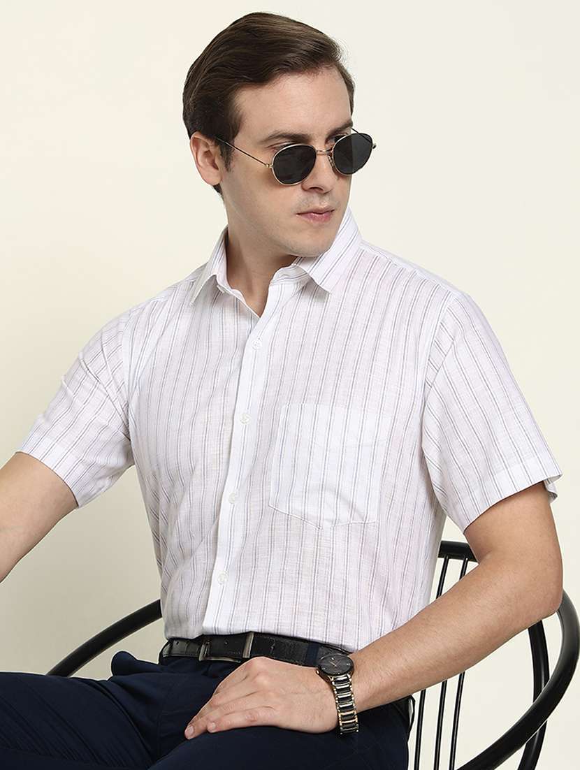 men stripes white cotton blend formal shirt