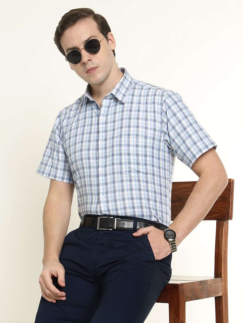 men blue cotton blend formal shirt