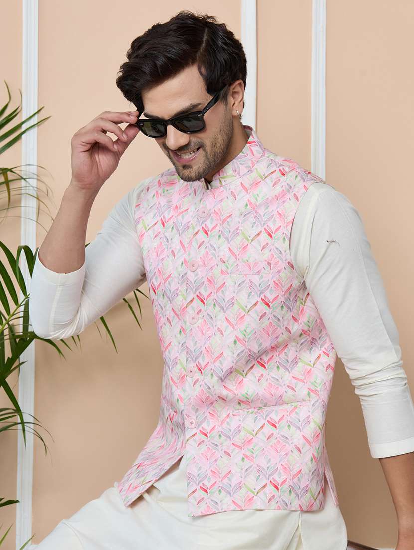 men pink cotton blend nehru jacket