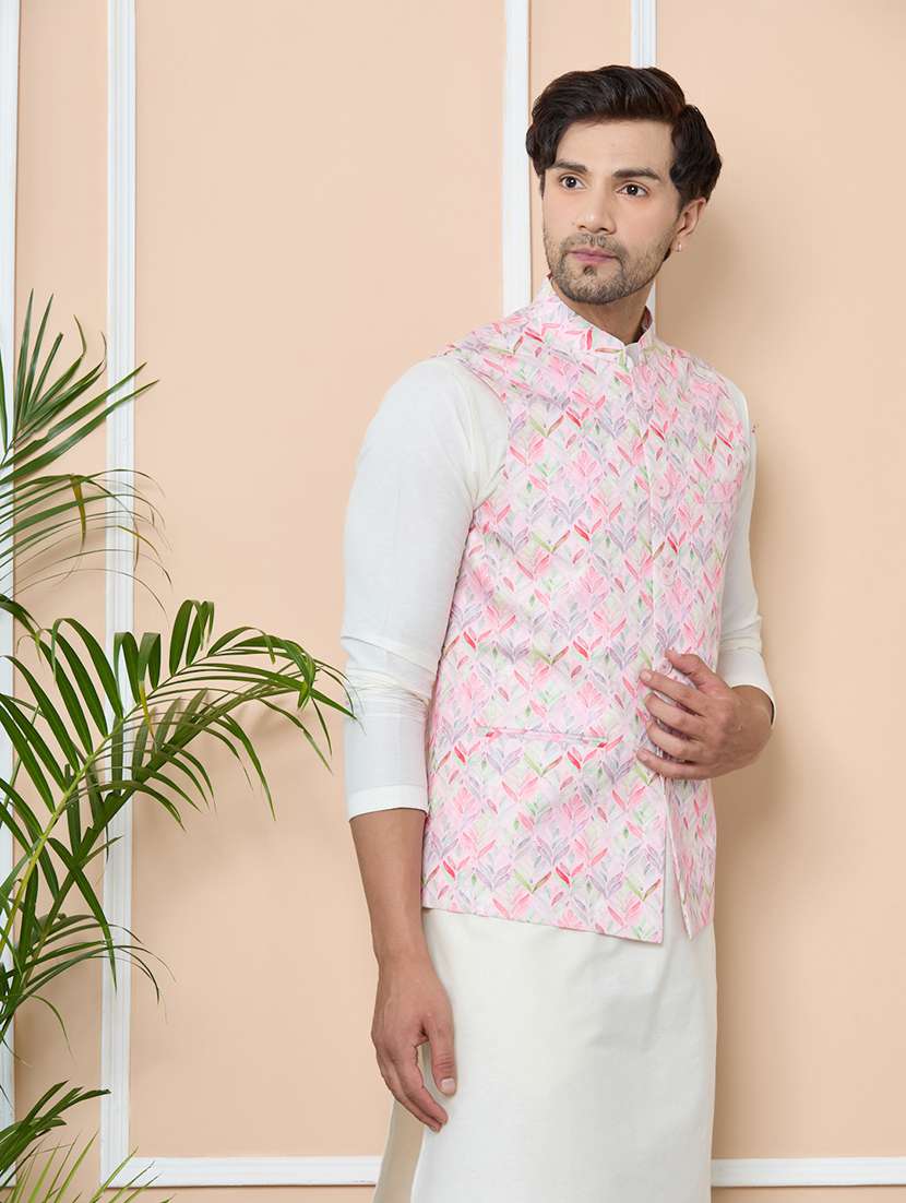 men pink cotton blend nehru jacket - 22452373 -  Standard Image - 3