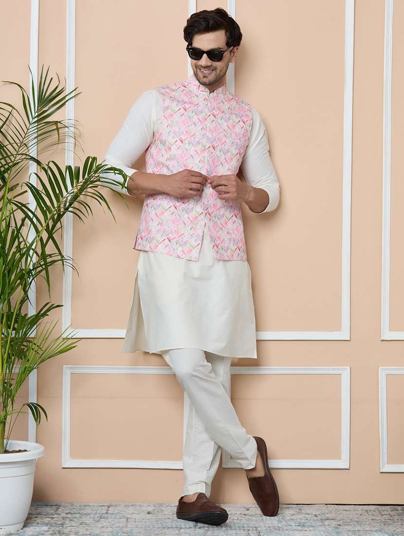 men pink cotton blend nehru jacket - 22452373 -  Standard Image - 5