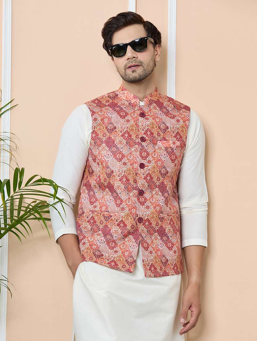 men orange cotton blend nehru jacket