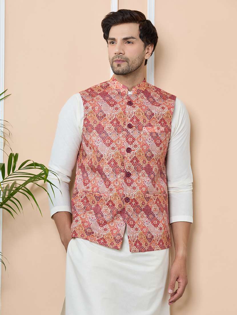 men orange cotton blend nehru jacket - 22452374 -  Standard Image - 3