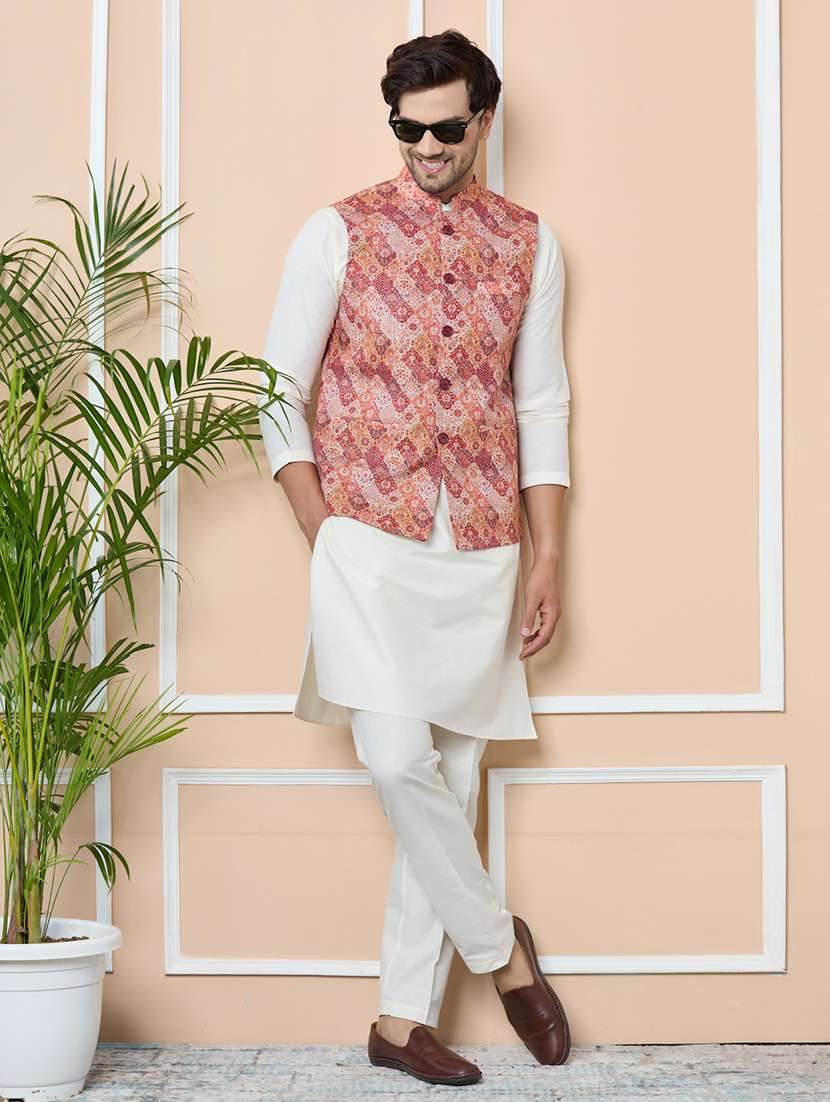 men orange cotton blend nehru jacket - 22452374 -  Standard Image - 5