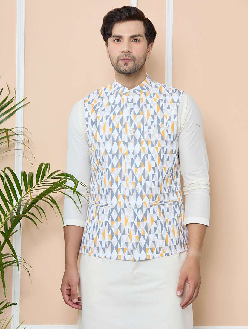 men geometric print cotton regular fit nehru jacket