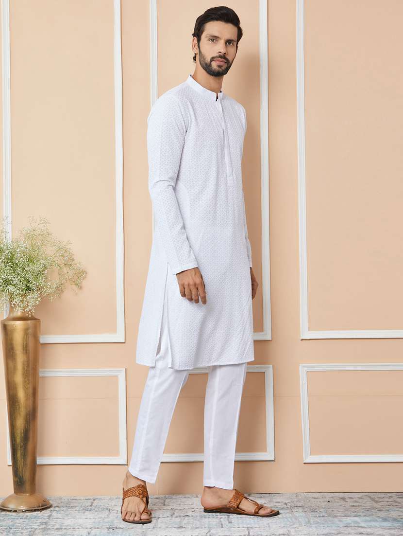 men solid with work mandarin neck kurta pyjama set - 22452672 -  Standard Image - 3