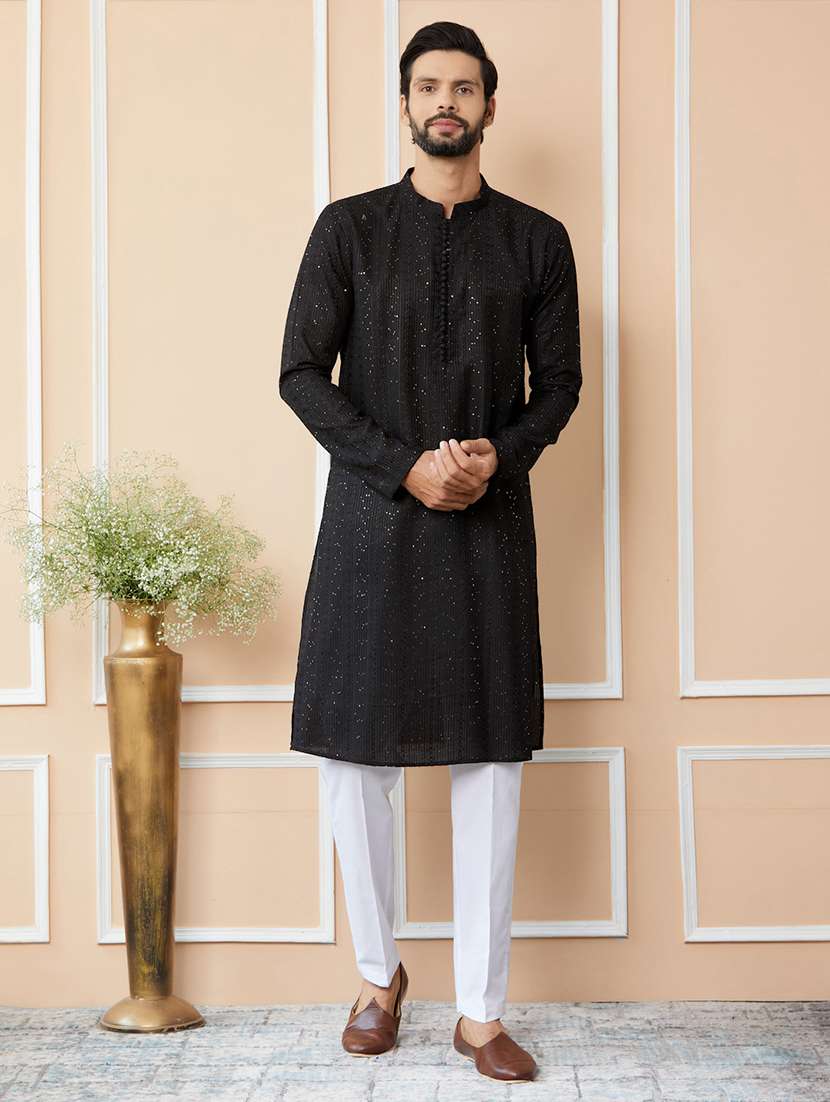 men solid with work mandarin neck kurta pyjama set