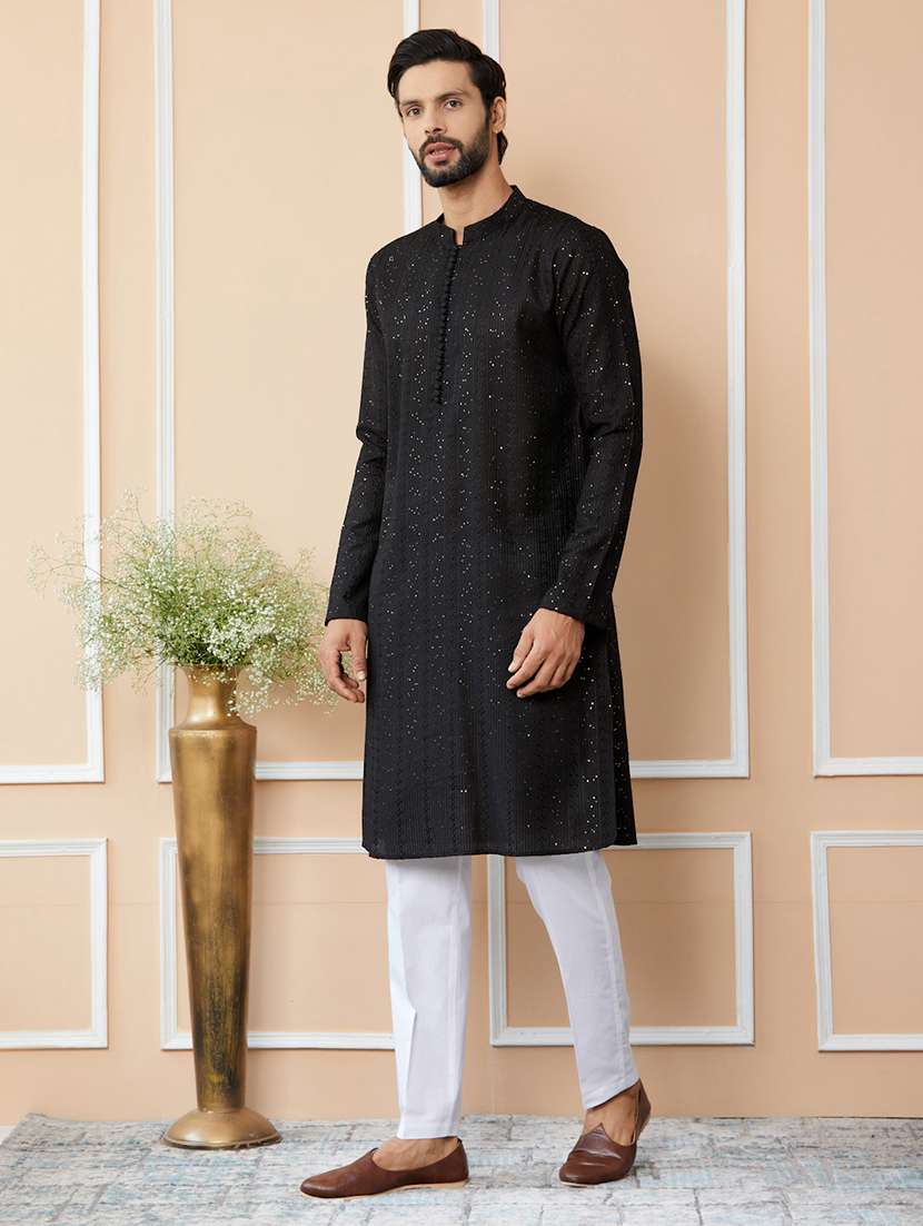 Men Solid With Work Mandarin Neck Kurta Pyjama Set - 22452675 -  Standard Image - 3