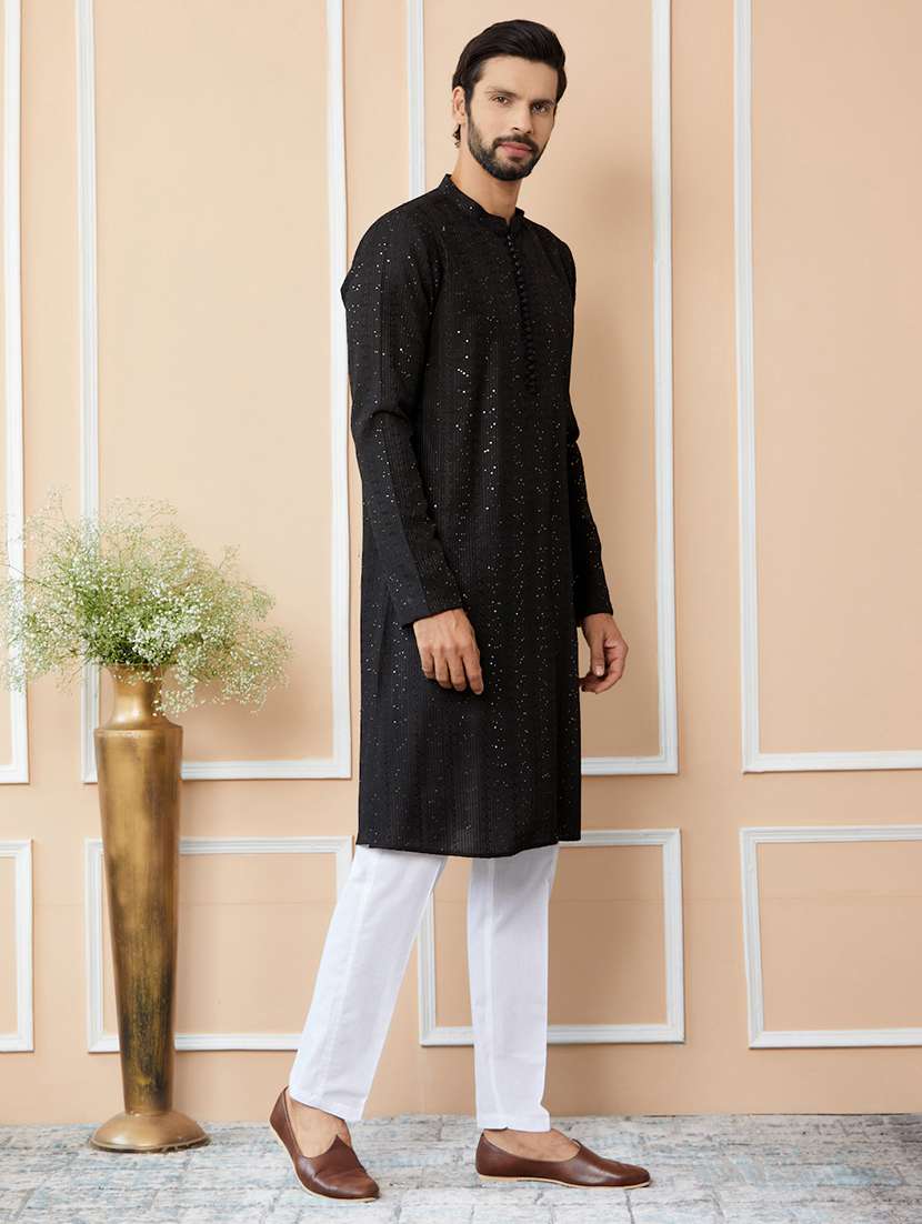 Men Solid With Work Mandarin Neck Kurta Pyjama Set - 22452675 -  Standard Image - 5