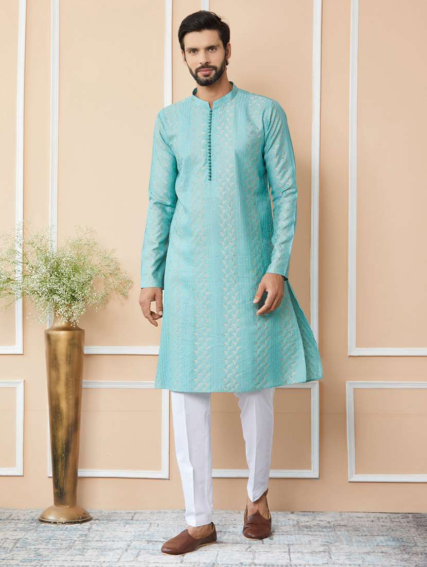 men solid with work mandarin neck kurta pyjama set