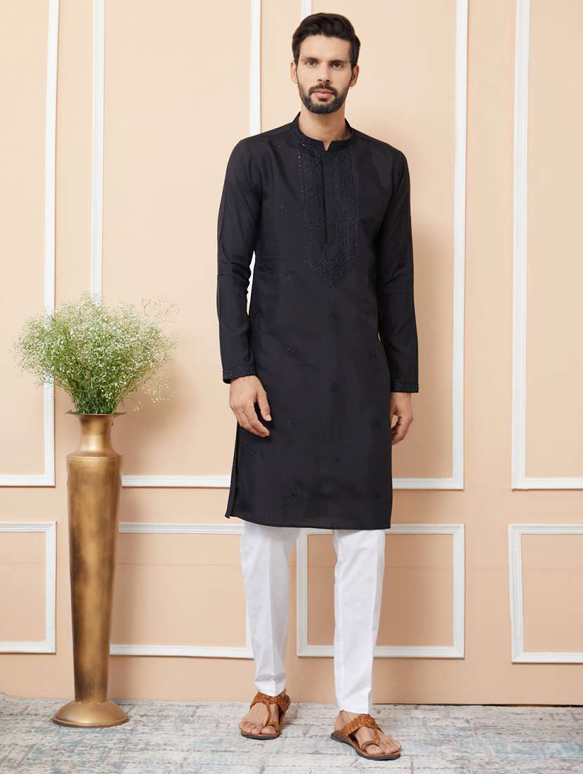 men solid with work mandarin neck kurta pyjama set