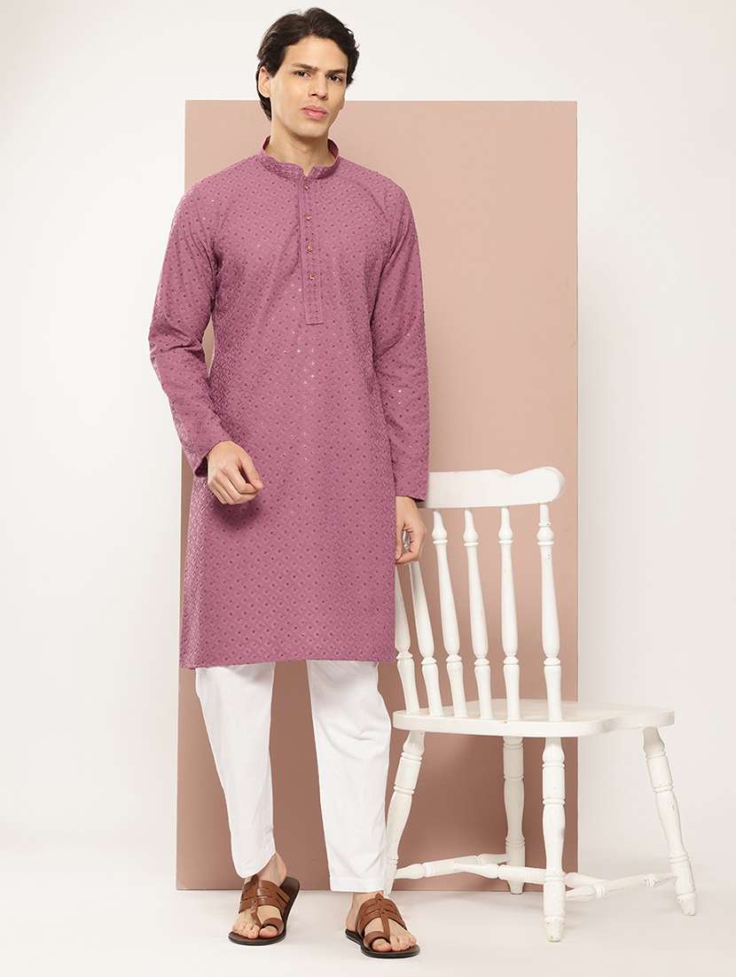 men solid with work mandarin neck kurta pyjama set