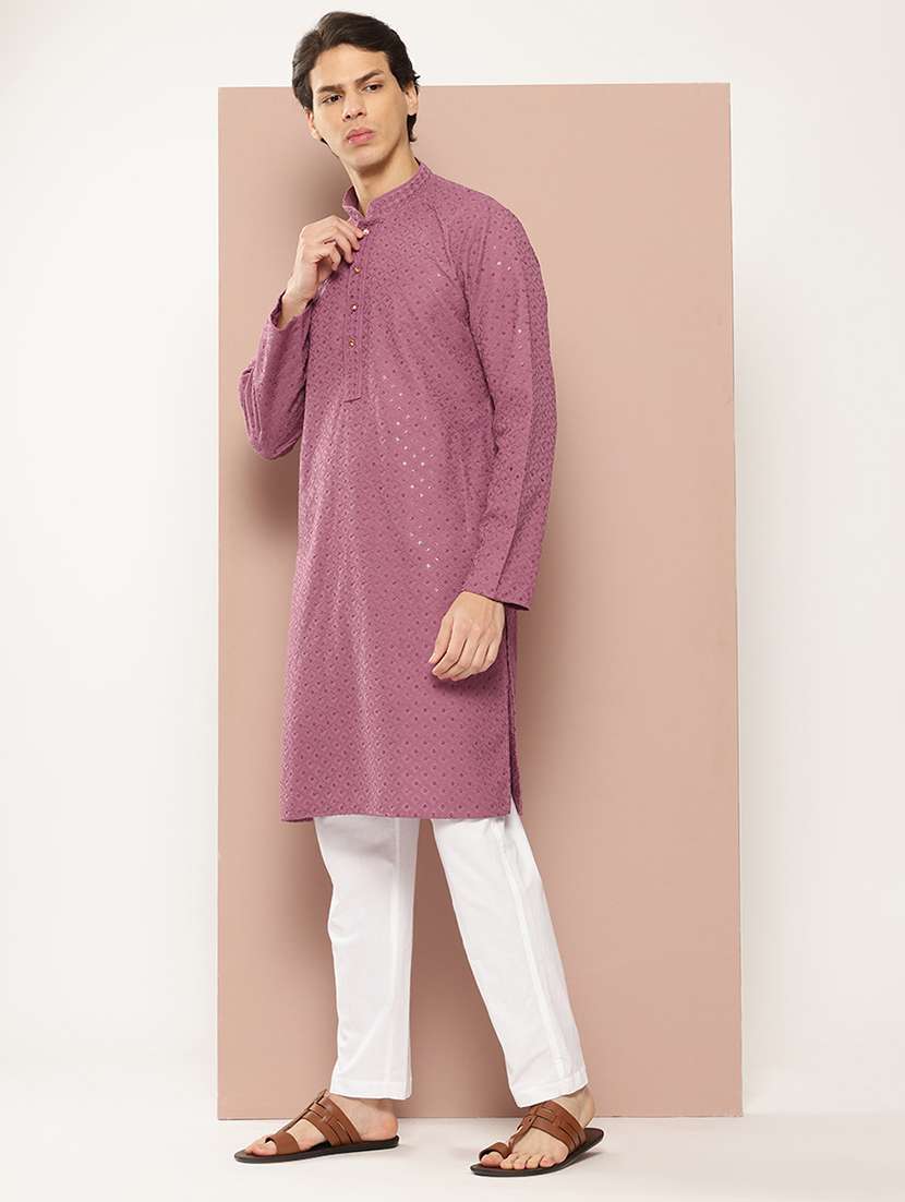 men solid with work mandarin neck kurta pyjama set - 22452746 -  Standard Image - 3