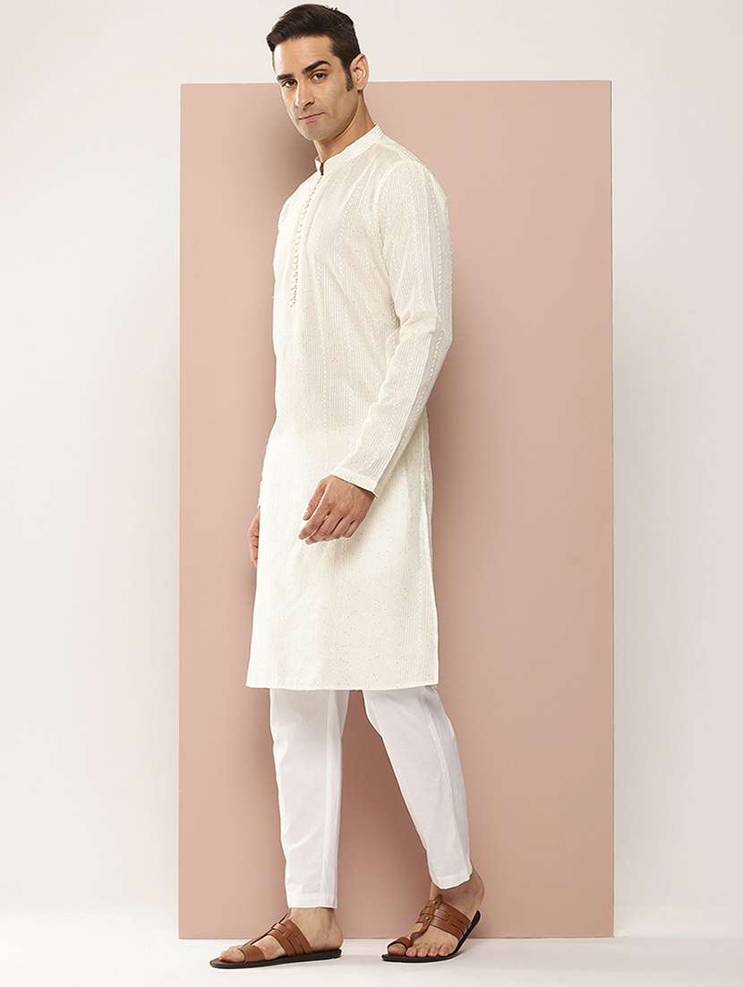 Men Solid With Work Mandarin Neck Kurta Pyjama Set - 22452768 -  Standard Image - 3