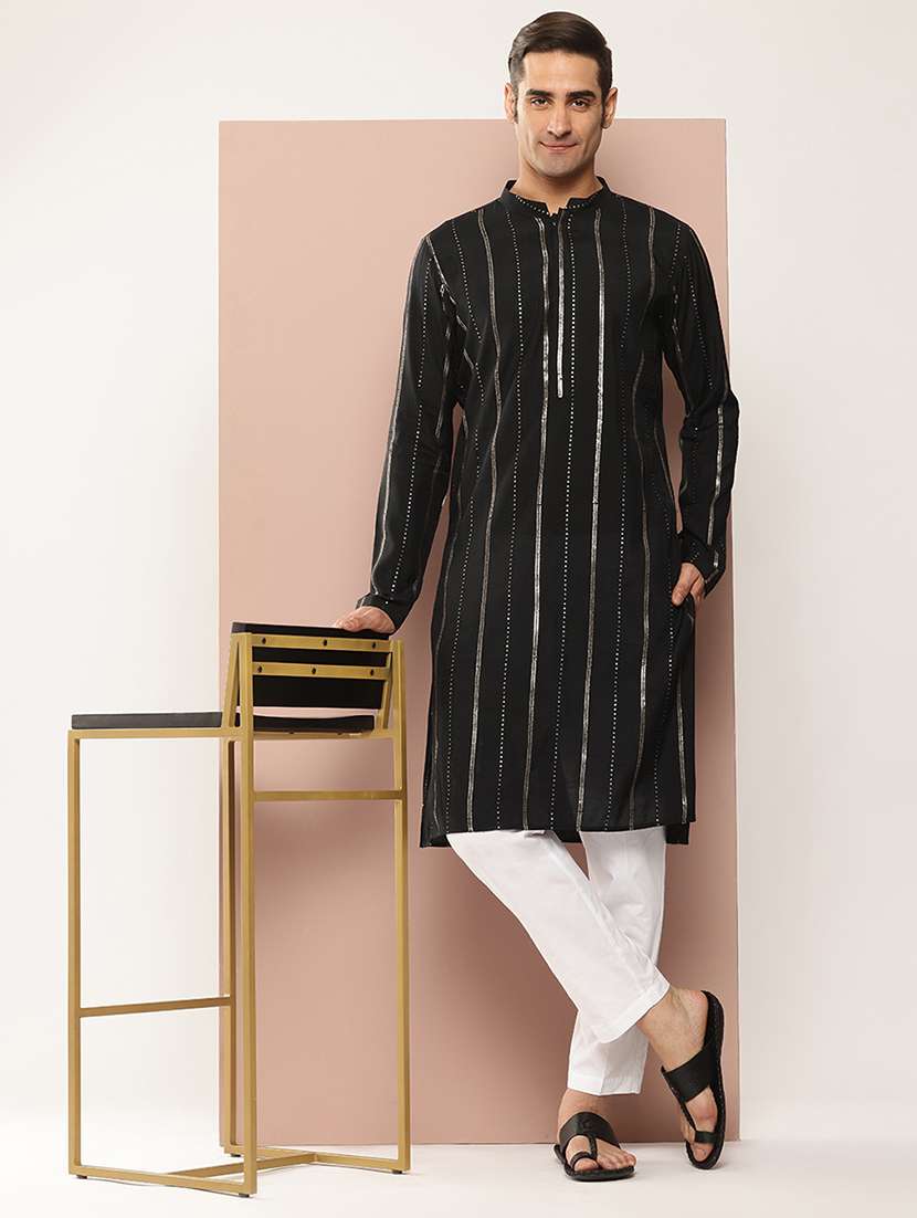men solid with work mandarin neck kurta pyjama set