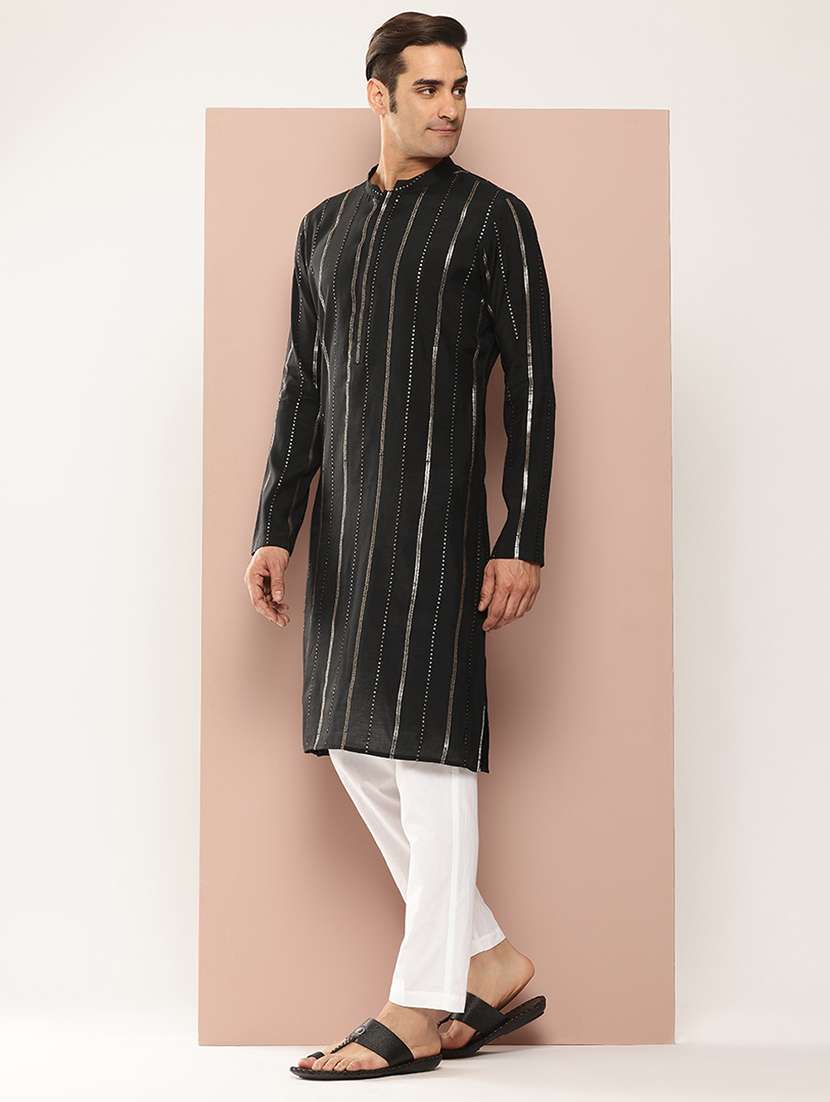 Men Solid With Work Mandarin Neck Kurta Pyjama Set - 22452772 -  Standard Image - 3