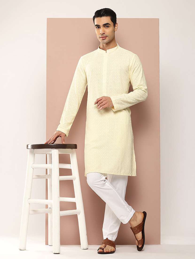 men solid with work mandarin neck kurta pyjama set