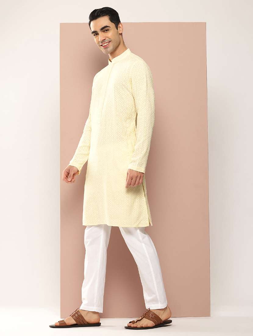 men solid with work mandarin neck kurta pyjama set - 22452775 -  Standard Image - 3