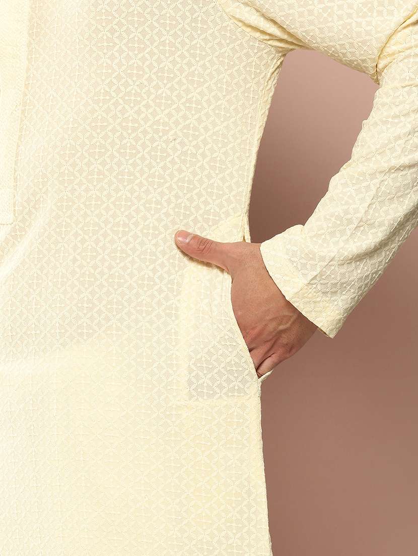 men solid with work mandarin neck kurta pyjama set - 22452775 -  Standard Image - 5