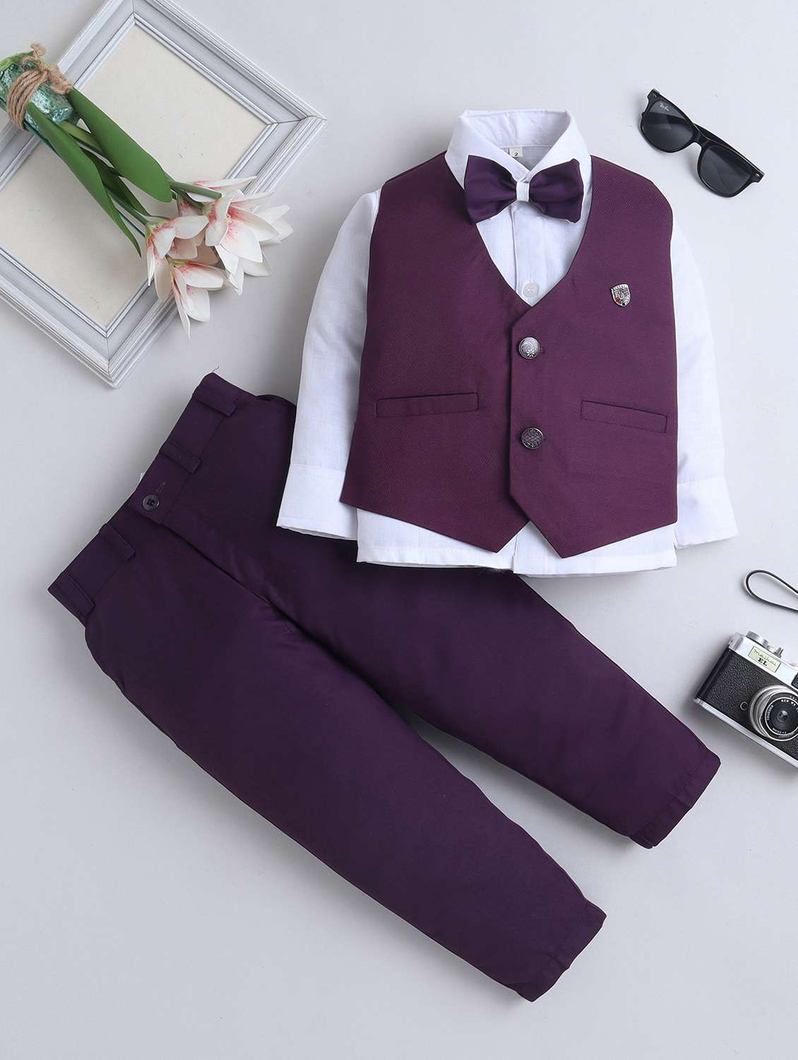 kids maroon cotton blend suit sets twin sets & dungree