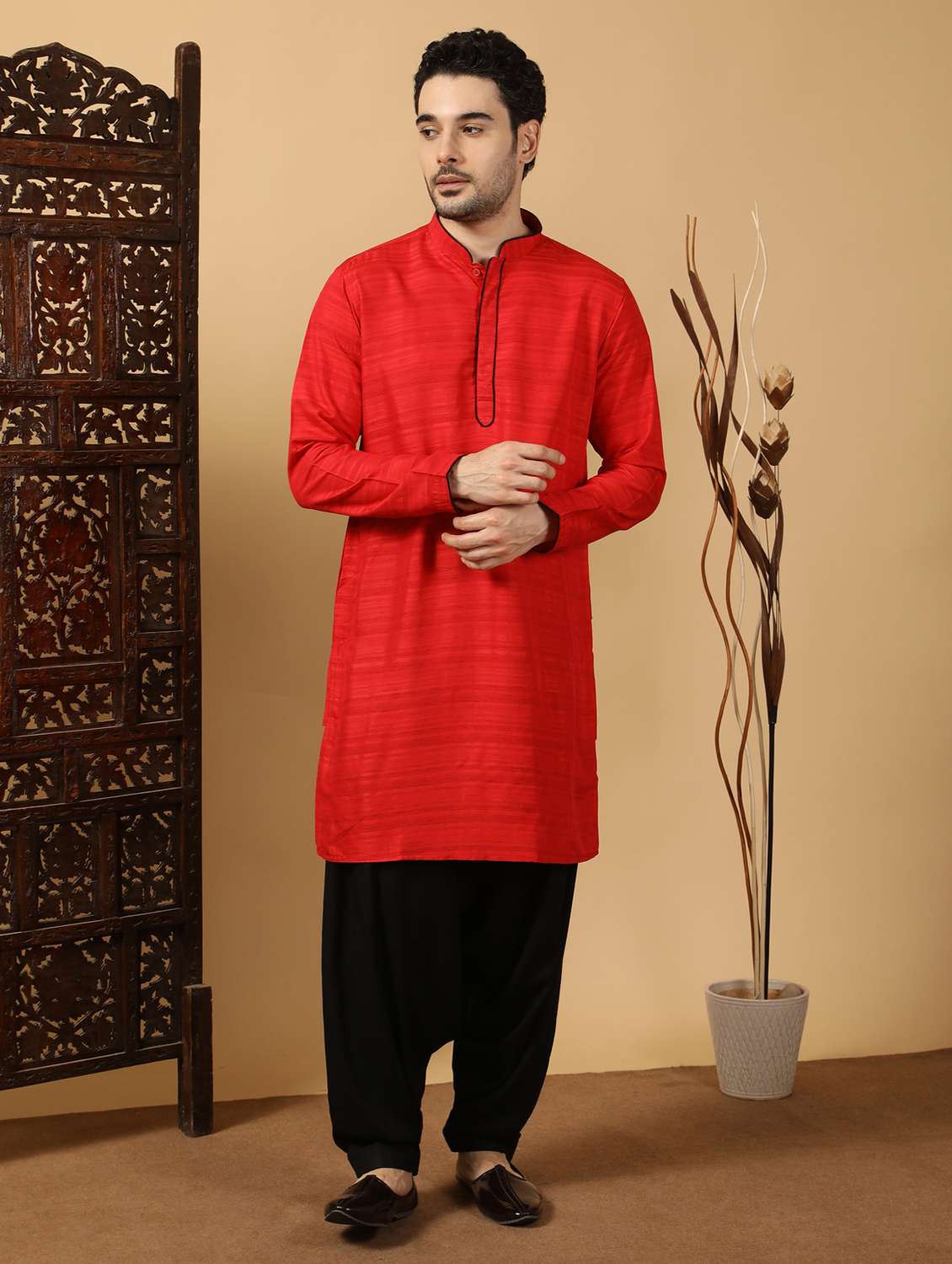 men self design mandarin neck long kurta
