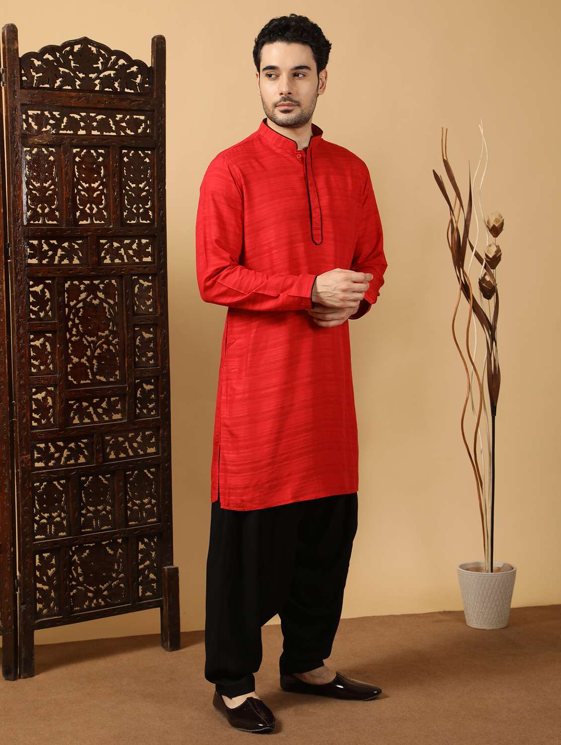 men self design mandarin neck long kurta - 22453154 -  Standard Image - 3
