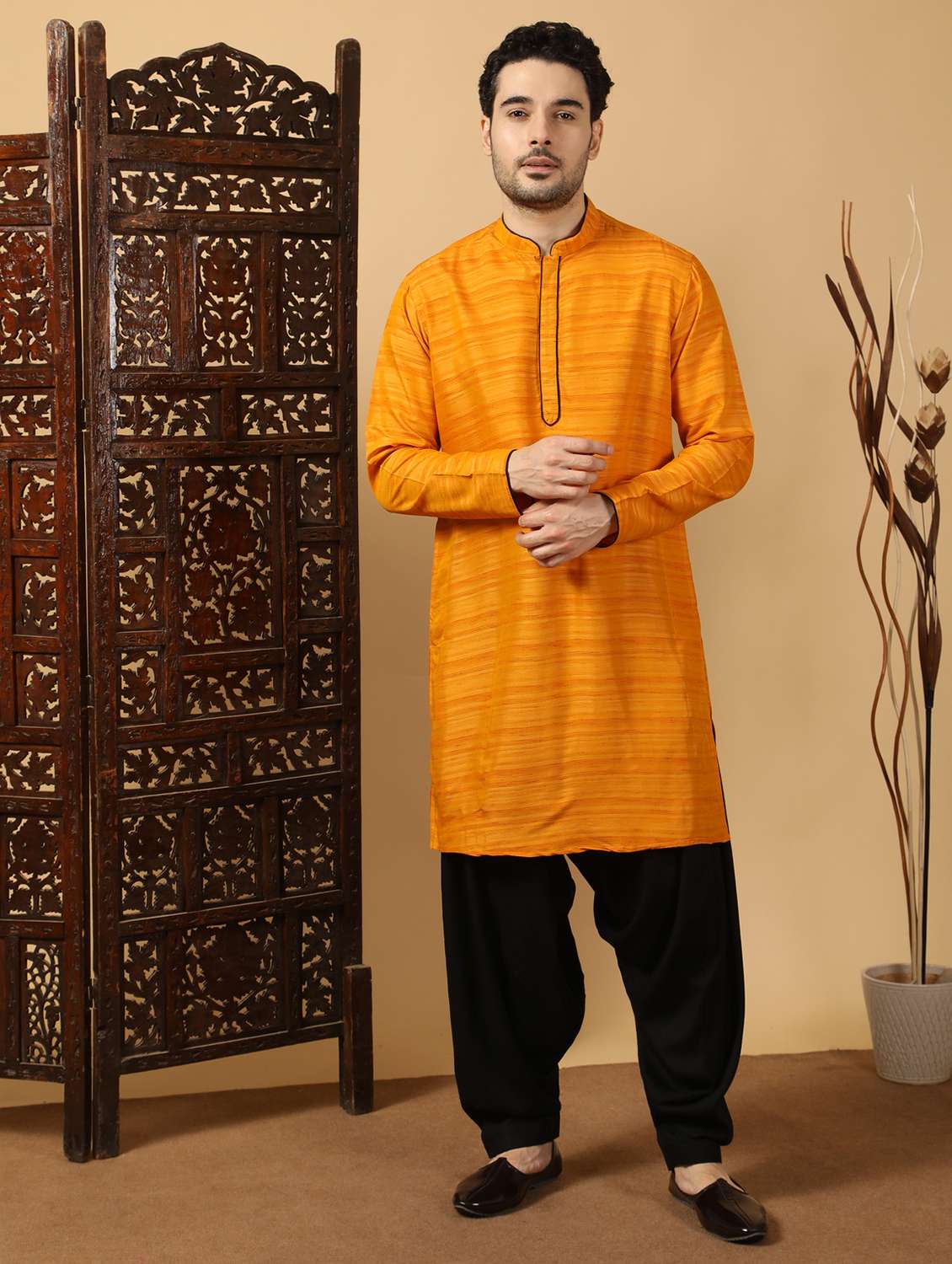 men self design mandarin neck long kurta