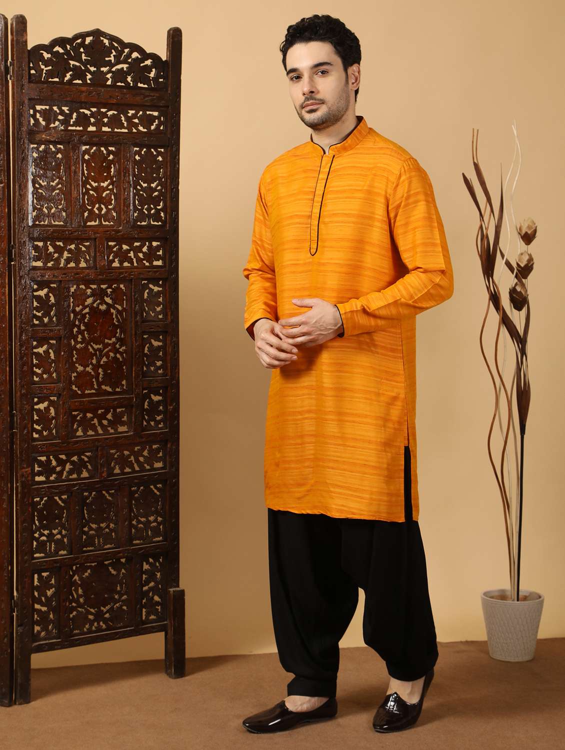 men self design mandarin neck long kurta - 22453155 -  Standard Image - 5