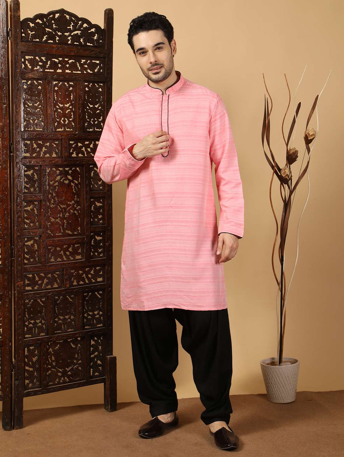 men self design mandarin neck long kurta