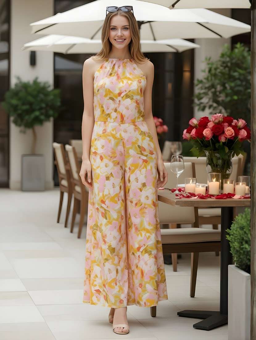 women floralyellow polyester full leg jumpsuit
