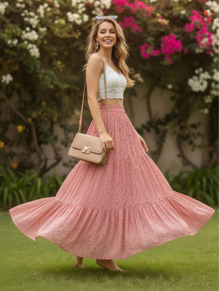women printed high rise tiered skirt