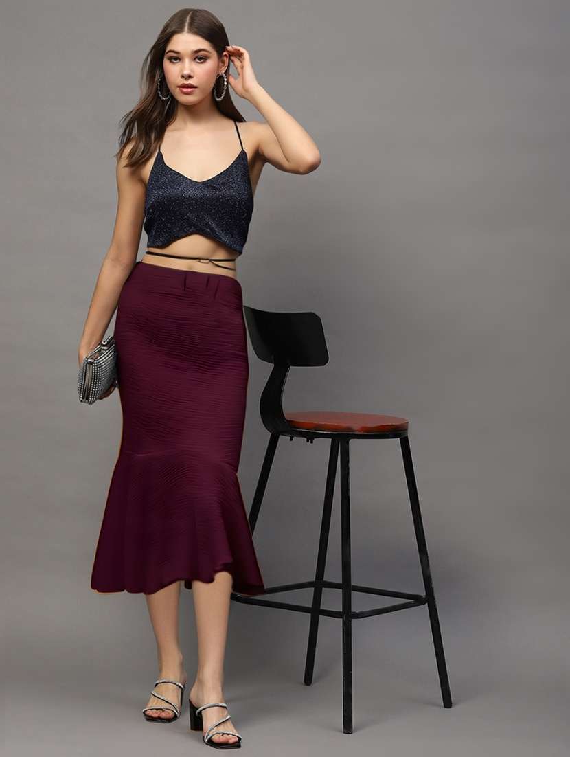 women rust polyester flared skirt