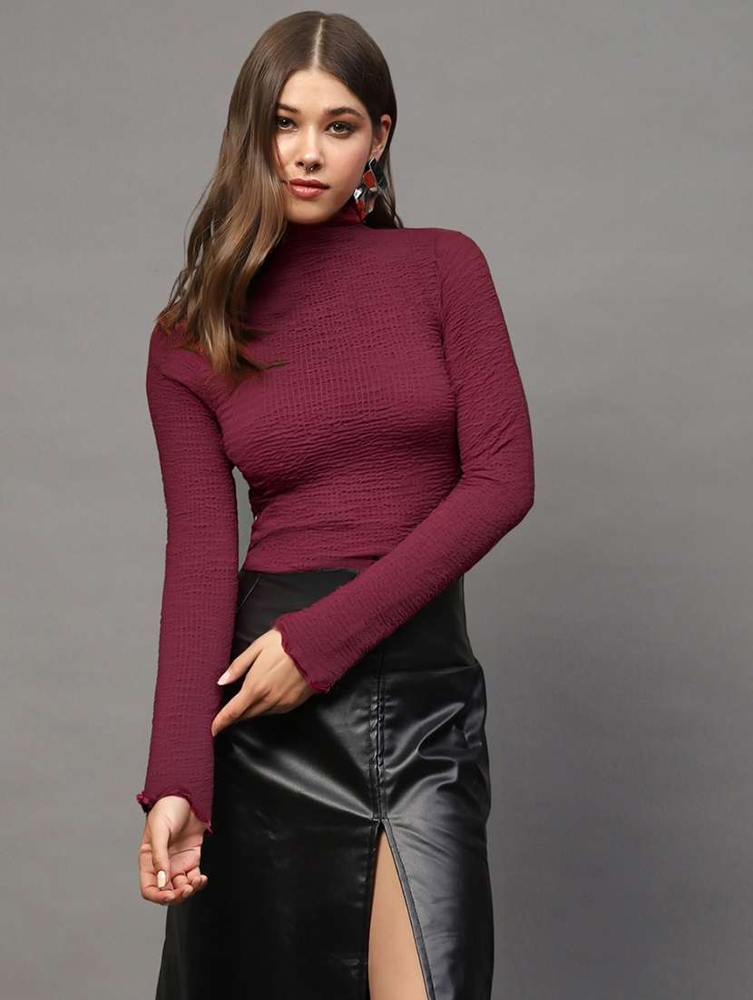 women solid rust polyester regular top